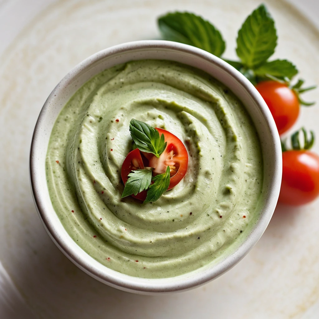 Green creamy dip in a white bowl with a swirl pattern, topped with red diced tomatoes and cilantro leaves.