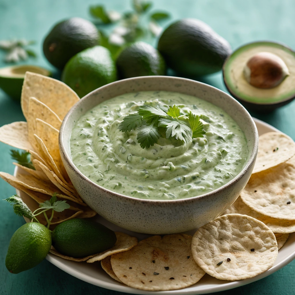 A bowl of vibrant green dip with flecks of herbs, served with crisp tortilla chips.