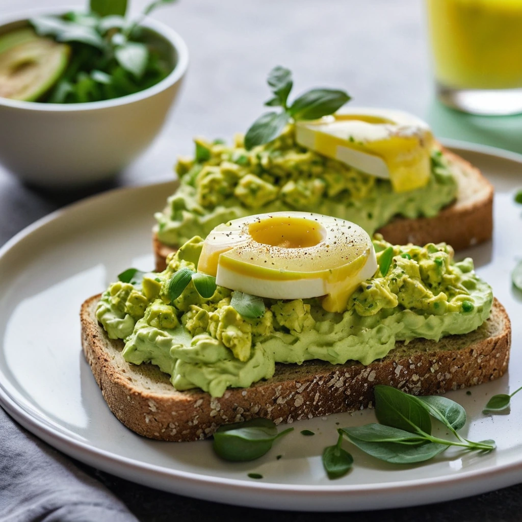 golden toast slices topped with vibrant green avocado mash and softly scrambled eggs, garnished with fresh chives