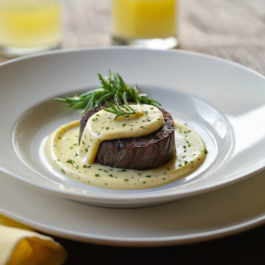 Golden béarnaise sauce in a white bowl, sprinkled with fresh herbs, served with a steak on the side.