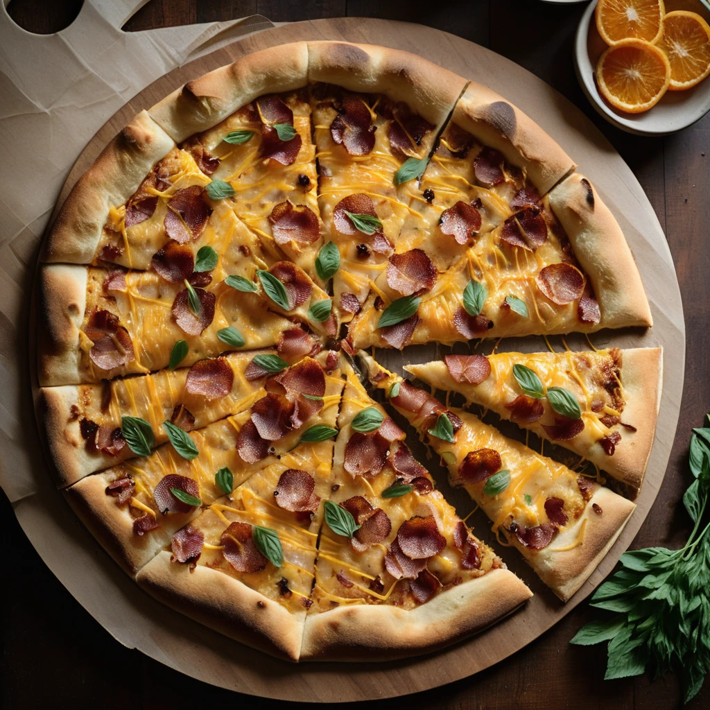 Golden pizza crust topped with crispy bacon and melted orange cheddar, garnished with fresh chives.