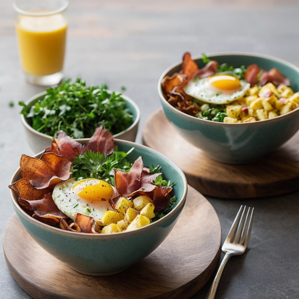 Two rustic bowls filled with crispy bacon, scrambled eggs, and roasted potatoes, garnished with fresh parsley.