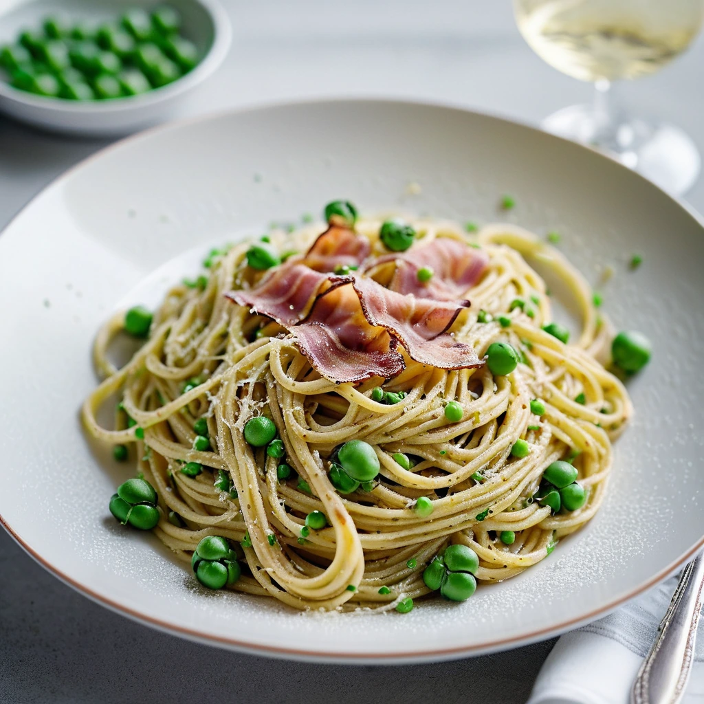 Golden spaghetti twirled on a white plate with crispy bacon, vibrant green peas, and a dusting of parmesan.