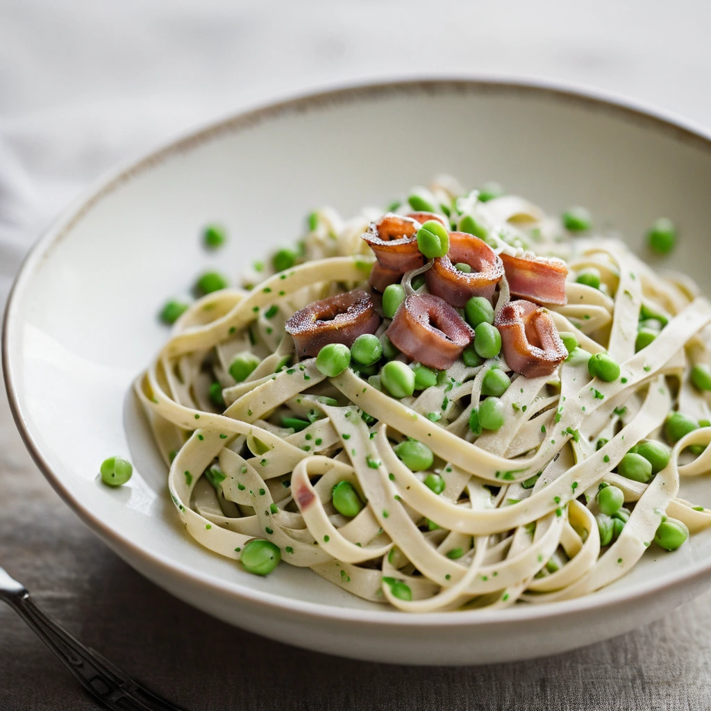 Plate of linguine pasta with creamy alfredo sauce, green peas, and crispy bacon strips on top.
