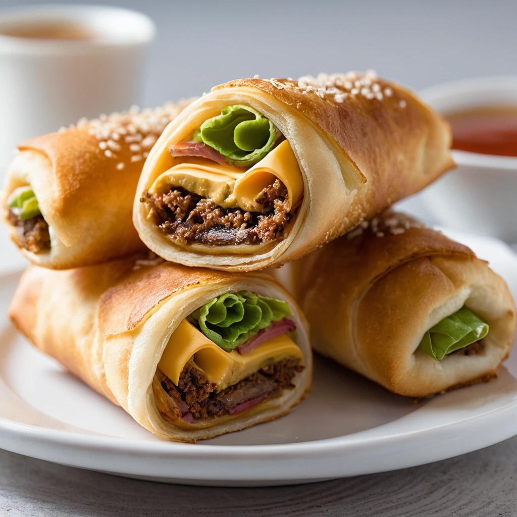 Golden-brown egg rolls with a drizzle of ketchup on a white plate.