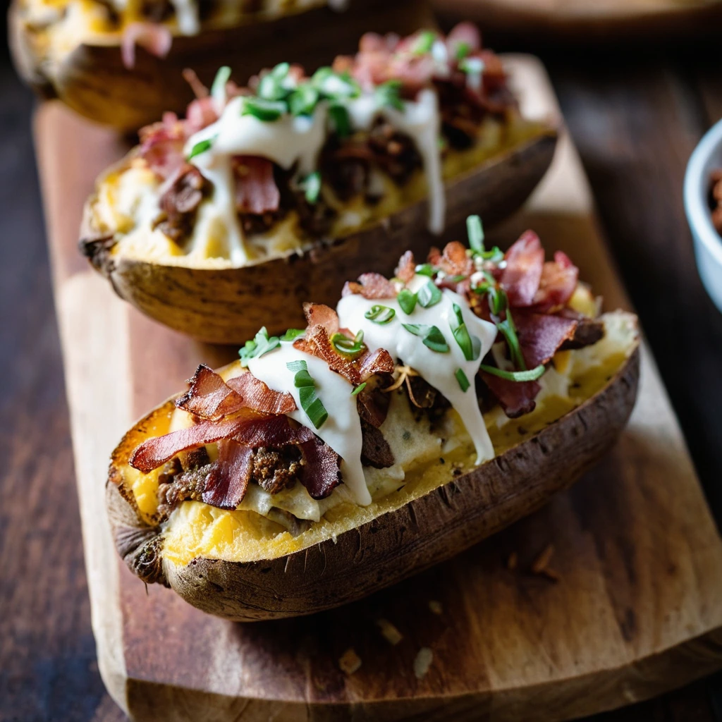 Split russet potatoes filled with crumbled bacon, beef, and melted cheese, served on a rustic wooden board.