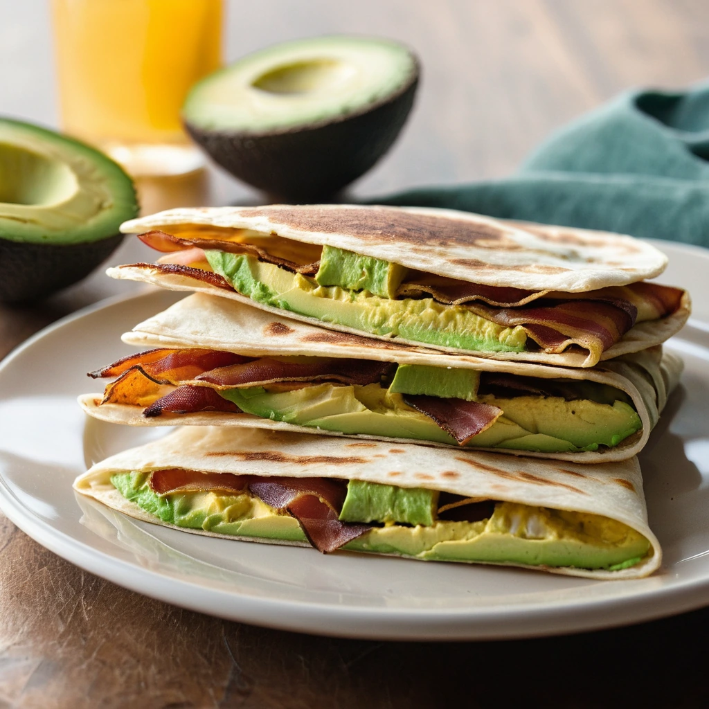 Four folded quesadillas on a plate, golden brown with melted cheese, sliced avocado, and crispy bacon on top.