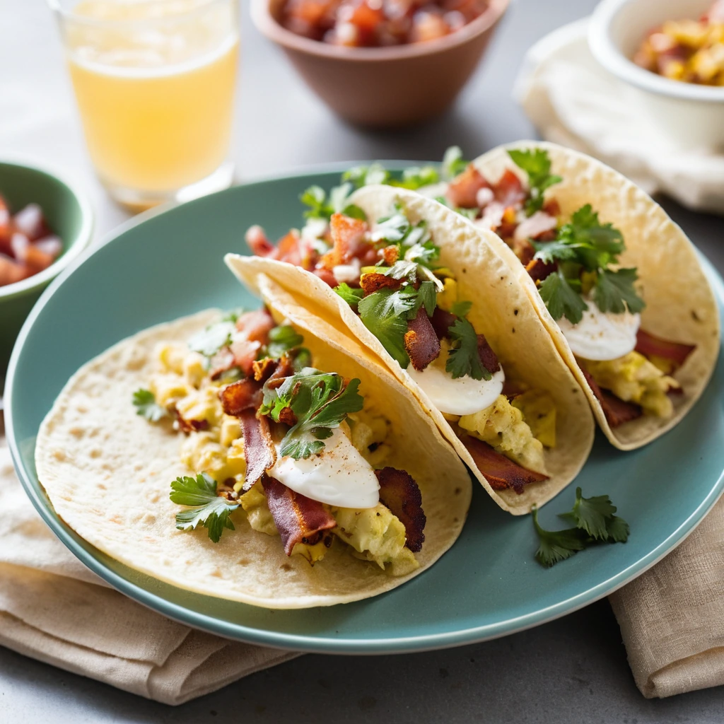 Golden breakfast tacos filled with scrambled eggs, diced potatoes, and crispy bacon, garnished with fresh cilantro.