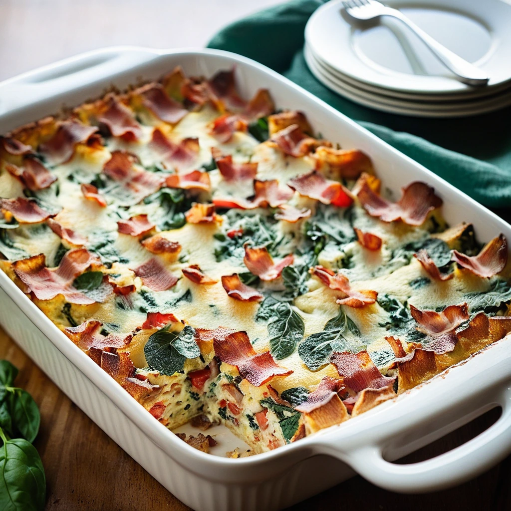 Golden strata with crispy bacon, fresh spinach, and juicy tomatoes in a casserole dish, sprinkled with melted cheese.