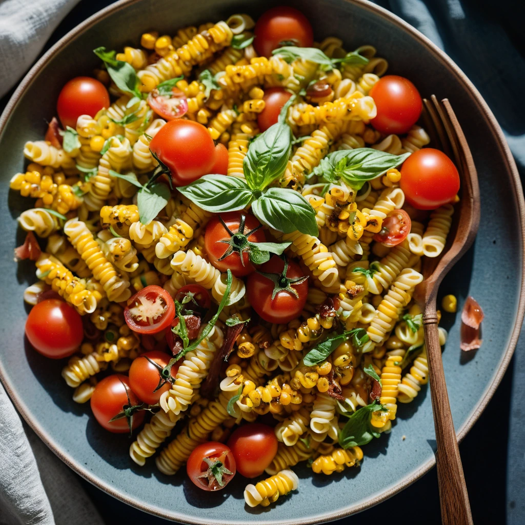 Plump tomatoes and kernels of golden corn mixed with al dente pasta and crispy bacon, drizzled with a vibrant sauce in a shallow bowl.