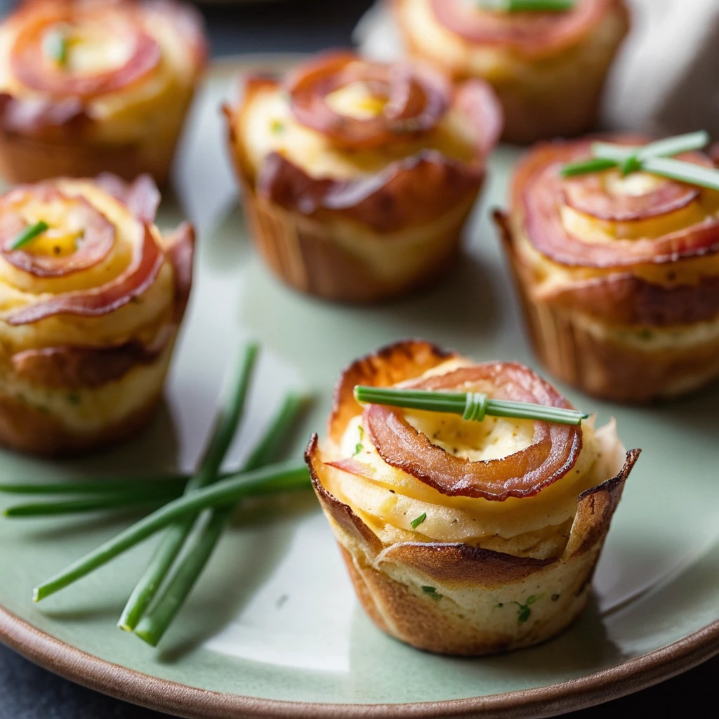 golden brown bacon wrapped egg cups in a muffin tin with a sprinkle of green chives