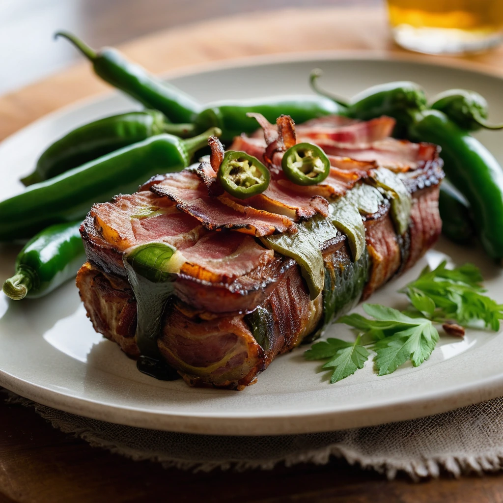 Golden-brown meatloaf wrapped in crispy bacon, with melted cheese peeking through and a vibrant green jalapeno slice garnish on top.