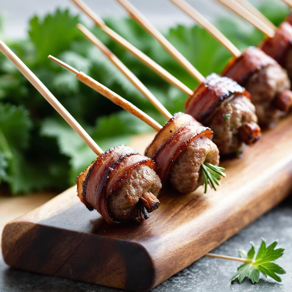 Golden brown mini meatballs wrapped in bacon on skewers, arranged on a rustic wooden board with a sprinkle of fresh parsley.