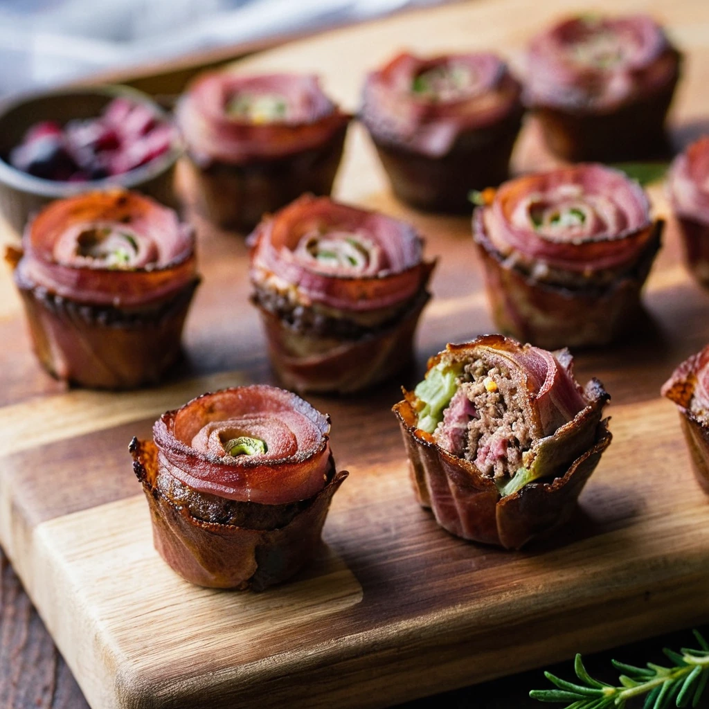 Mini meatloaves in muffin tin cups wrapped in golden-brown bacon, served on a rustic wooden board.