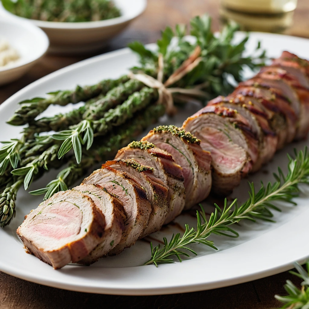 Golden brown pork tenderloin wrapped in bacon, sprinkled with green herbs on a platter.