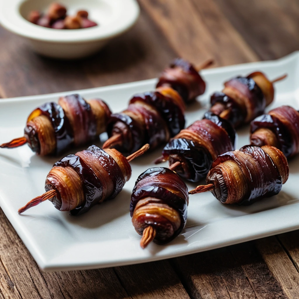 Platter of dates wrapped in crispy bacon, stuffed with a creamy filling, arranged on a rustic wooden board.