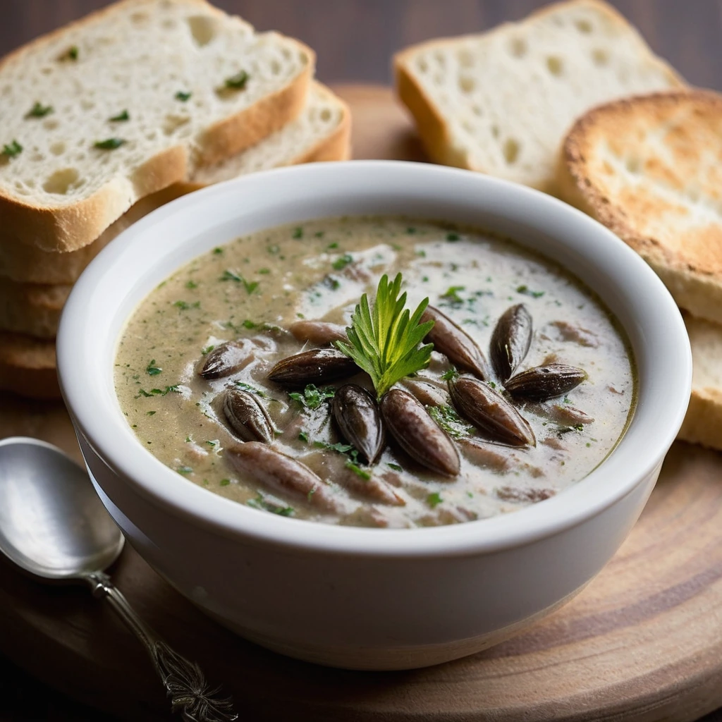 Warm golden dip in a small white bowl with crusty bread alongside.