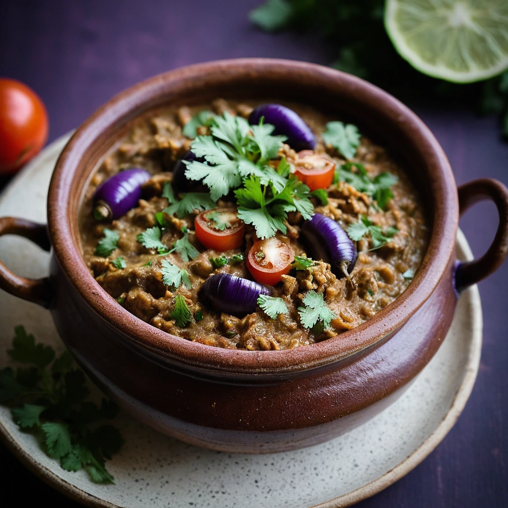 Purple eggplant puree in a clay pot, dotted with tomatoes and onions, garnished with cilantro and a drizzle of yogurt.