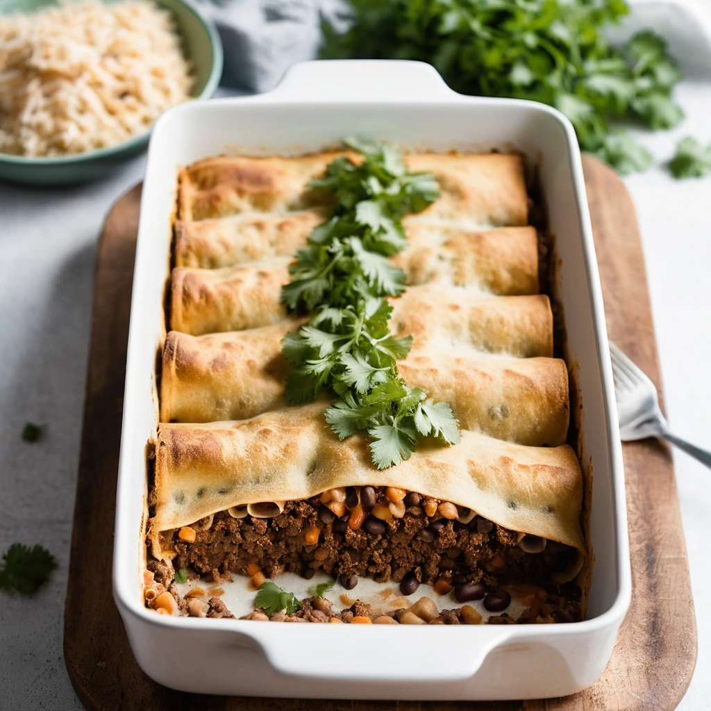 Baked casserole with layers of beef, beans, and melted cheese topped with fresh cilantro in a baking dish.