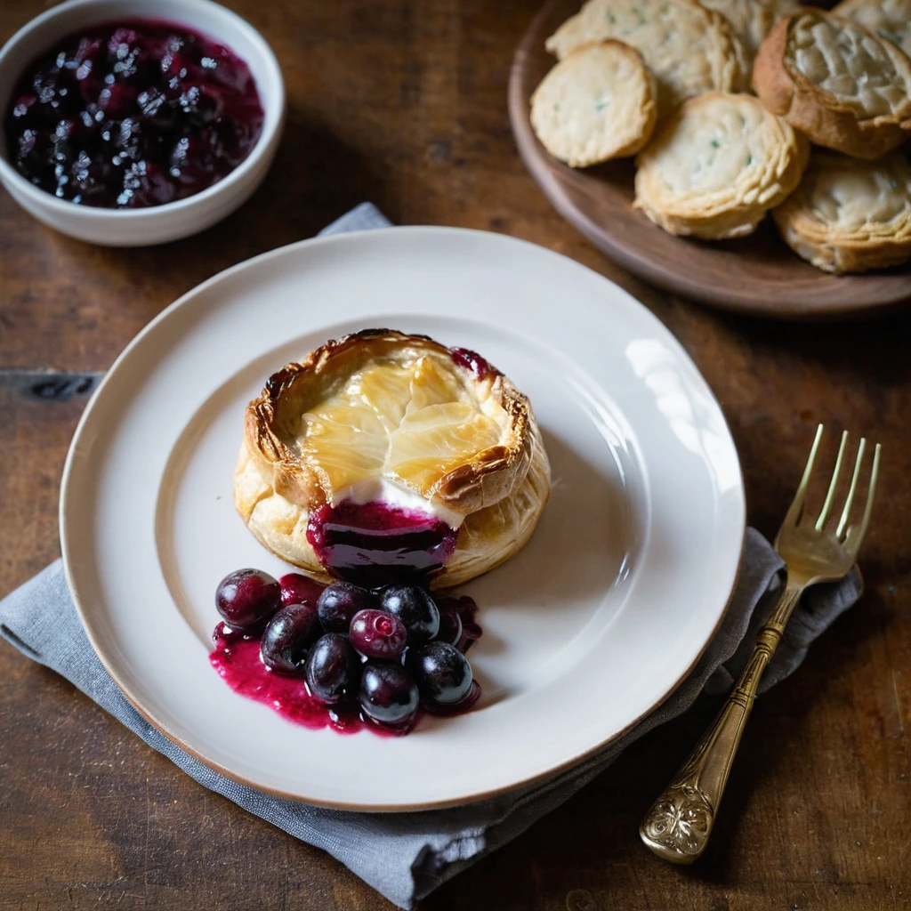 A plated serving of Baked Brie with Cranberry Sauce