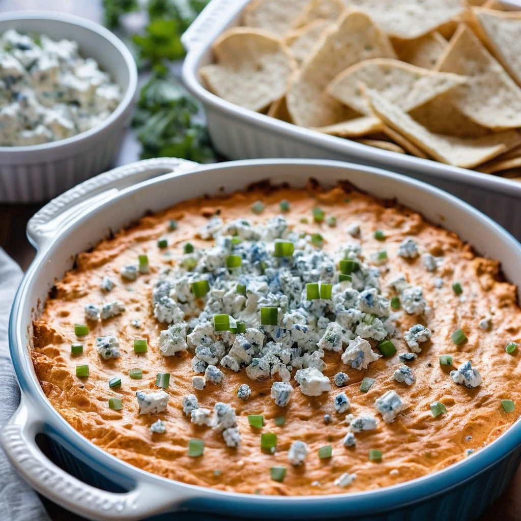 golden bubbly dip in a baking dish, sprinkled with green onions and crumbled blue cheese