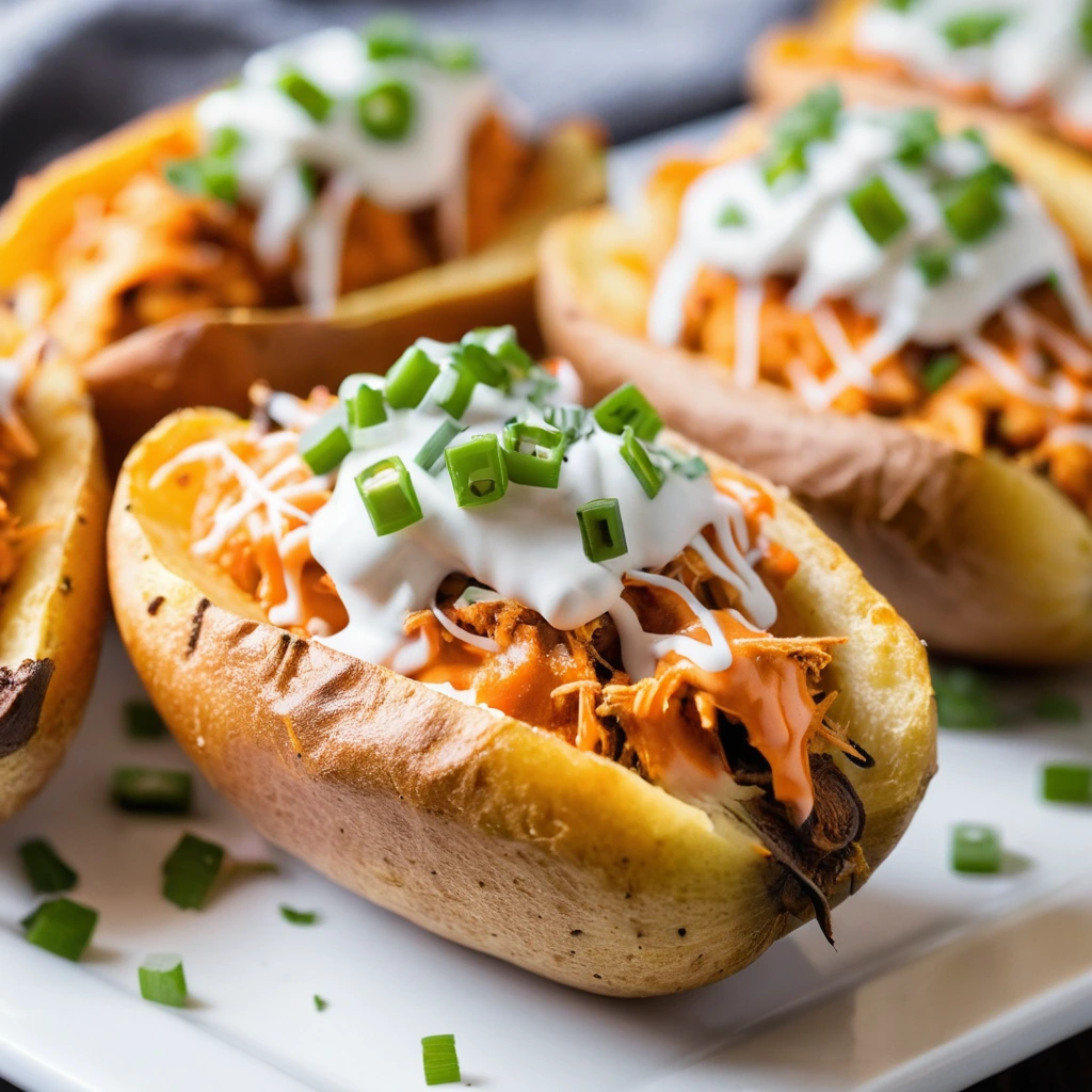 crispy potato halves filled with shredded chicken, buffalo sauce, and melted cheddar cheese