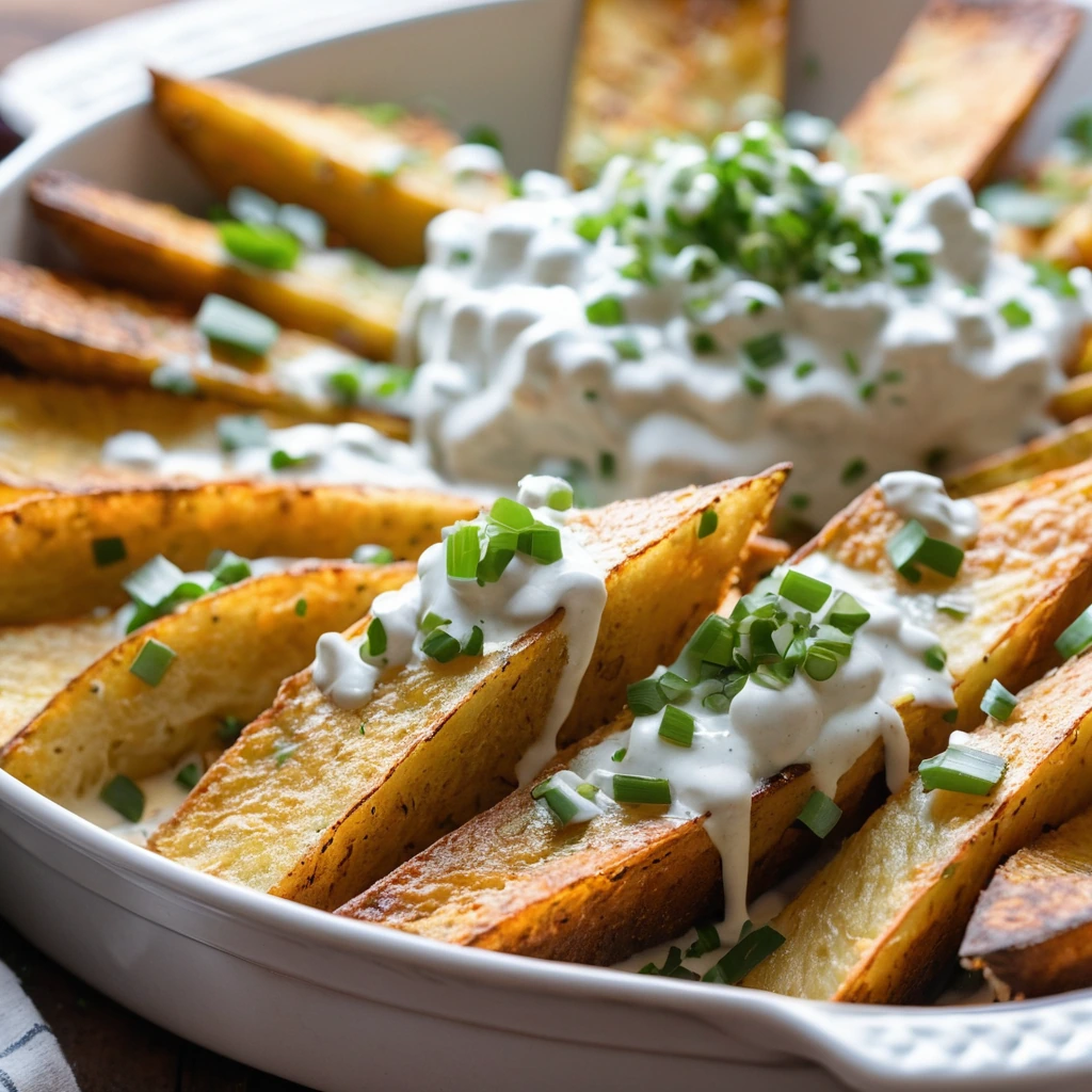 Crispy golden potato wedges in a baking dish, covered in spicy sauce and dotted with green onions and ranch dressing.