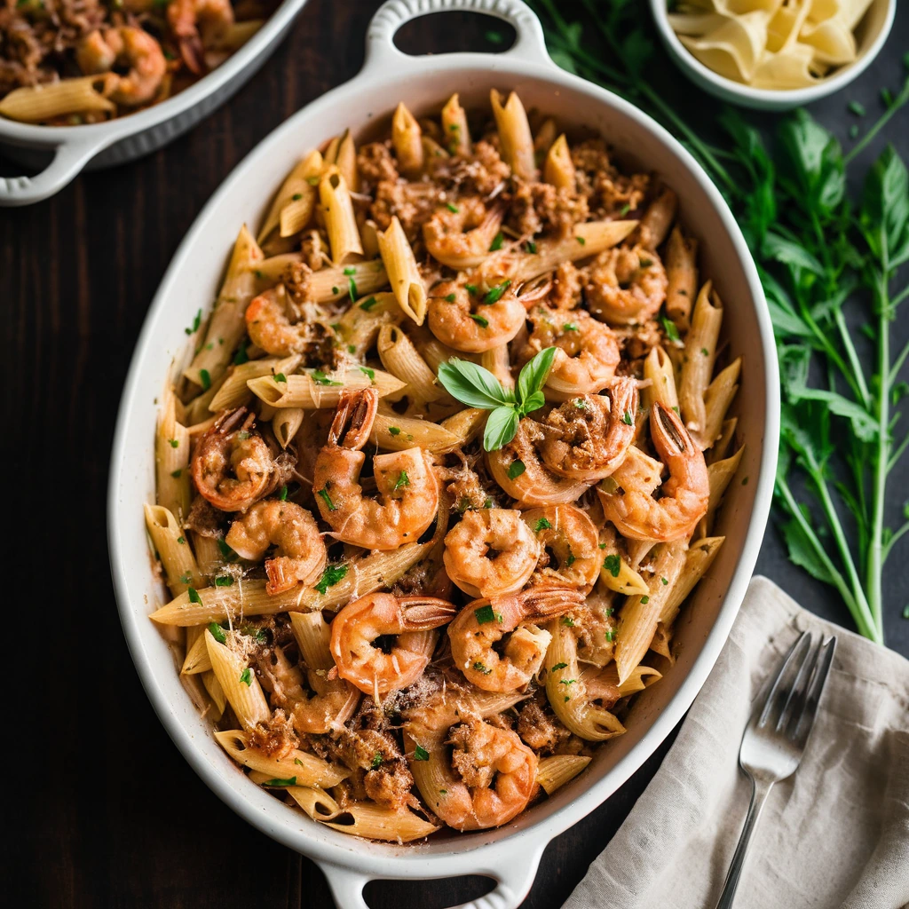 Baked pasta in a casserole dish with golden cheese topping, shrimp, and green onions sprinkled on top.