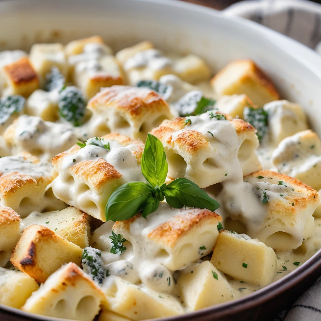 Baked dish with layers of pillowy gnocchi, chicken pieces, and a melty cheese topping, all drenched in creamy white sauce.