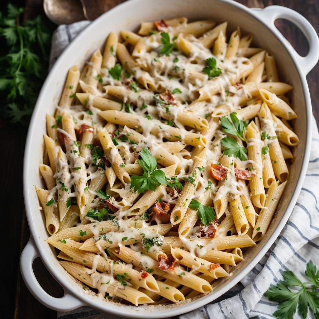 A bubbling casserole in a baking dish with golden cheese topping and flecks of green parsley.