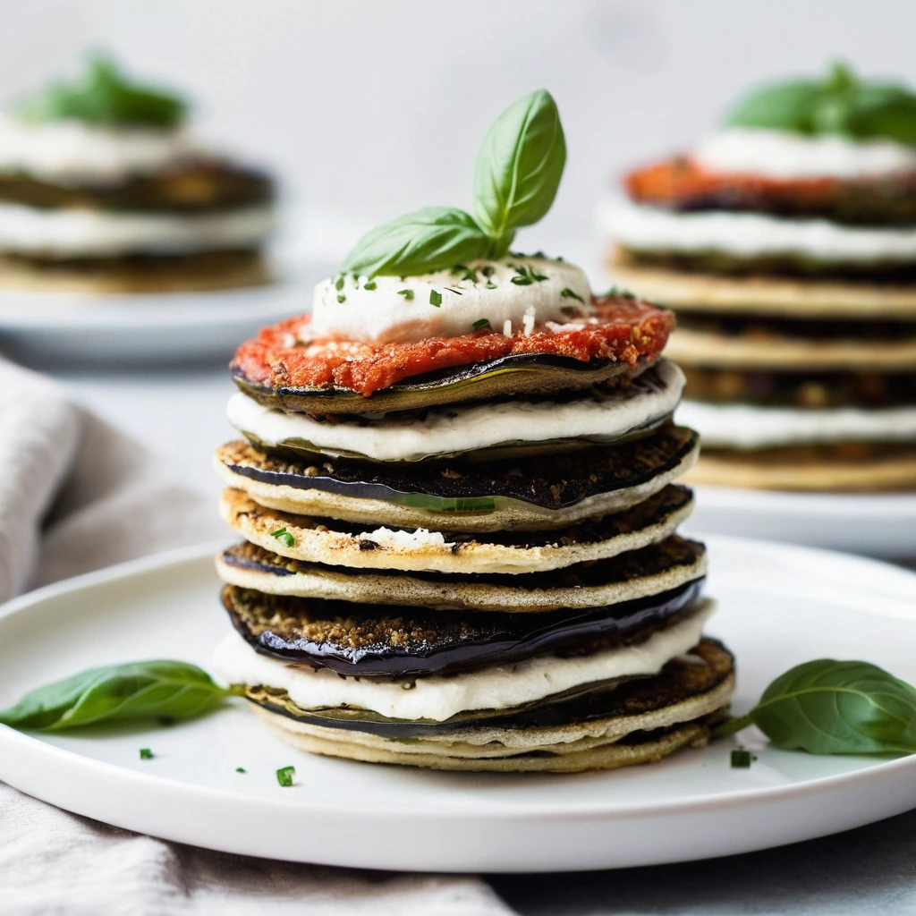 Stacked slices of eggplant layered with melted mozzarella cheese and topped with a sprinkle of parsley on a white plate