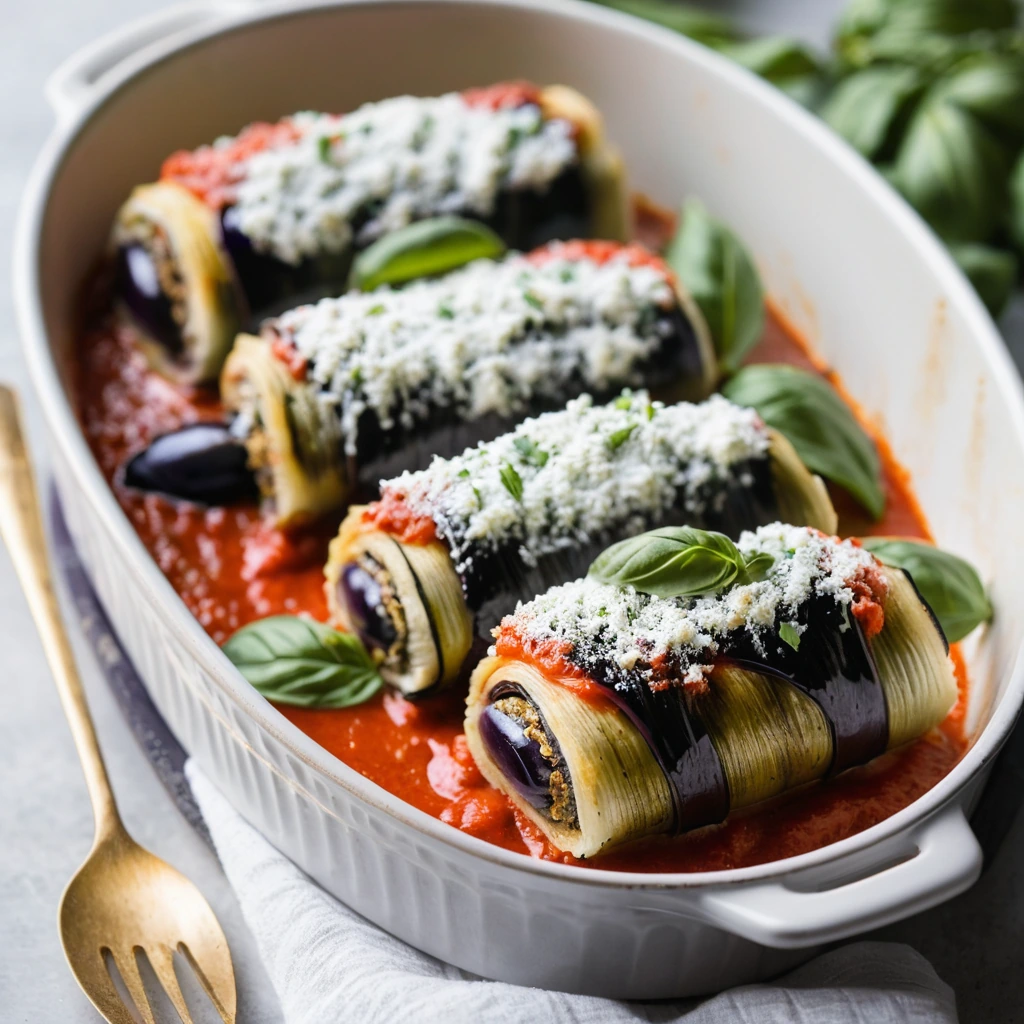 Golden baked eggplant rolls smothered in marinara sauce and topped with melted mozzarella in a baking dish.