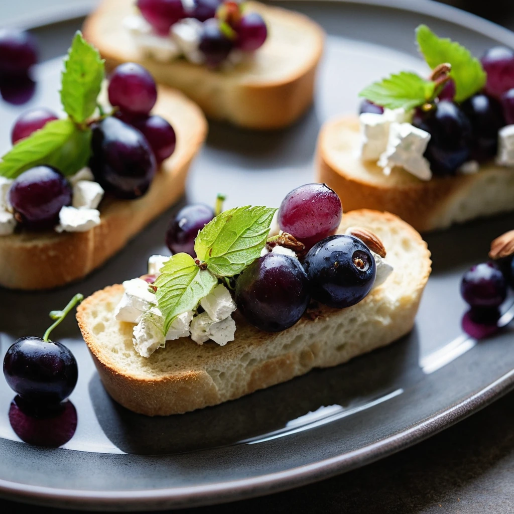 Golden toasted baguette slices topped with a creamy white feta and vibrant purple roasted grapes.