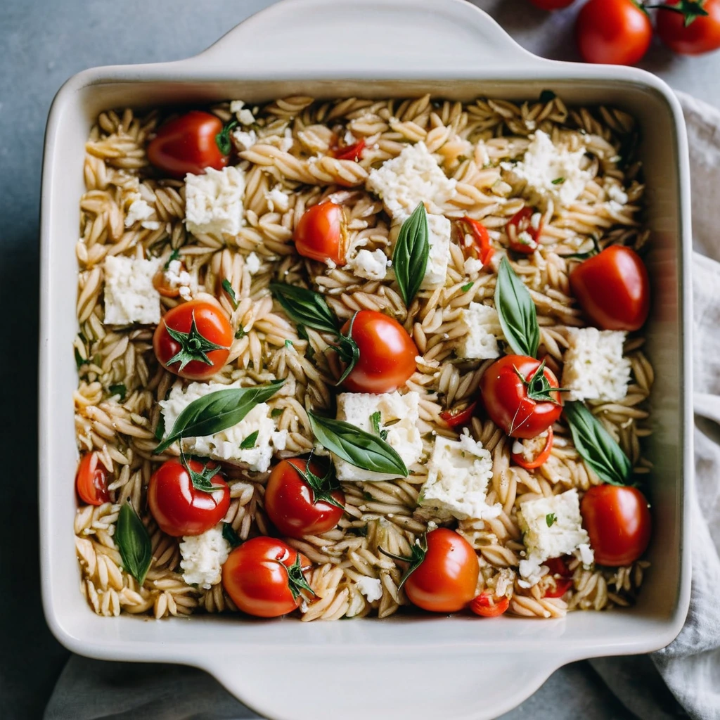 Golden orzo with creamy feta and caramelized red tomatoes in a baking dish.