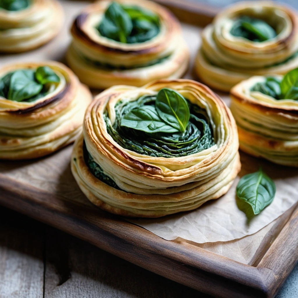Golden puff pastry swirls filled with a creamy feta and vibrant green spinach, arranged on a rustic serving platter.
