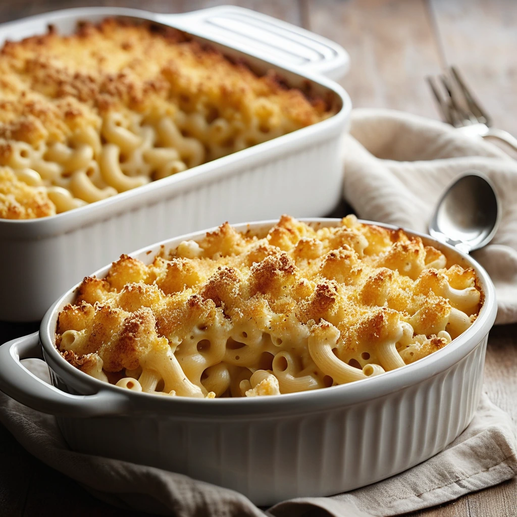 Golden, bubbly macaroni and cheese in a baking dish, sprinkled with a toasted breadcrumb topping.