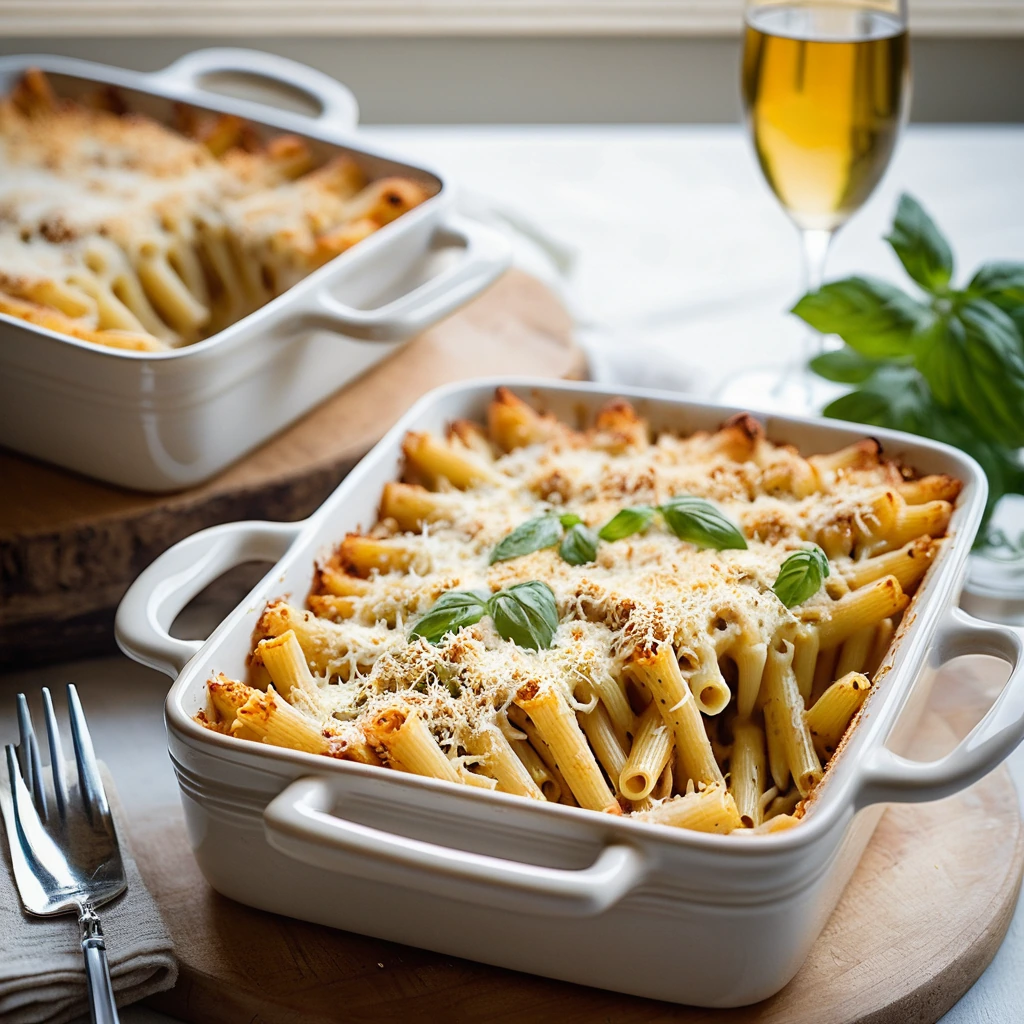 Baked penne pasta in a golden bubbly casserole dish with a crispy cheese topping