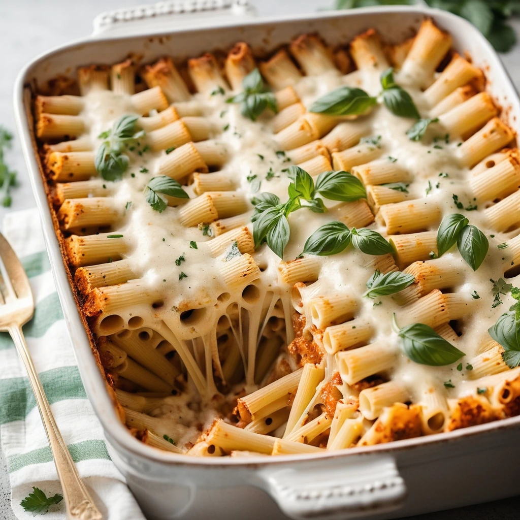 Golden bubbly ziti casserole with a sprinkle of parsley in a rectangular baking dish.