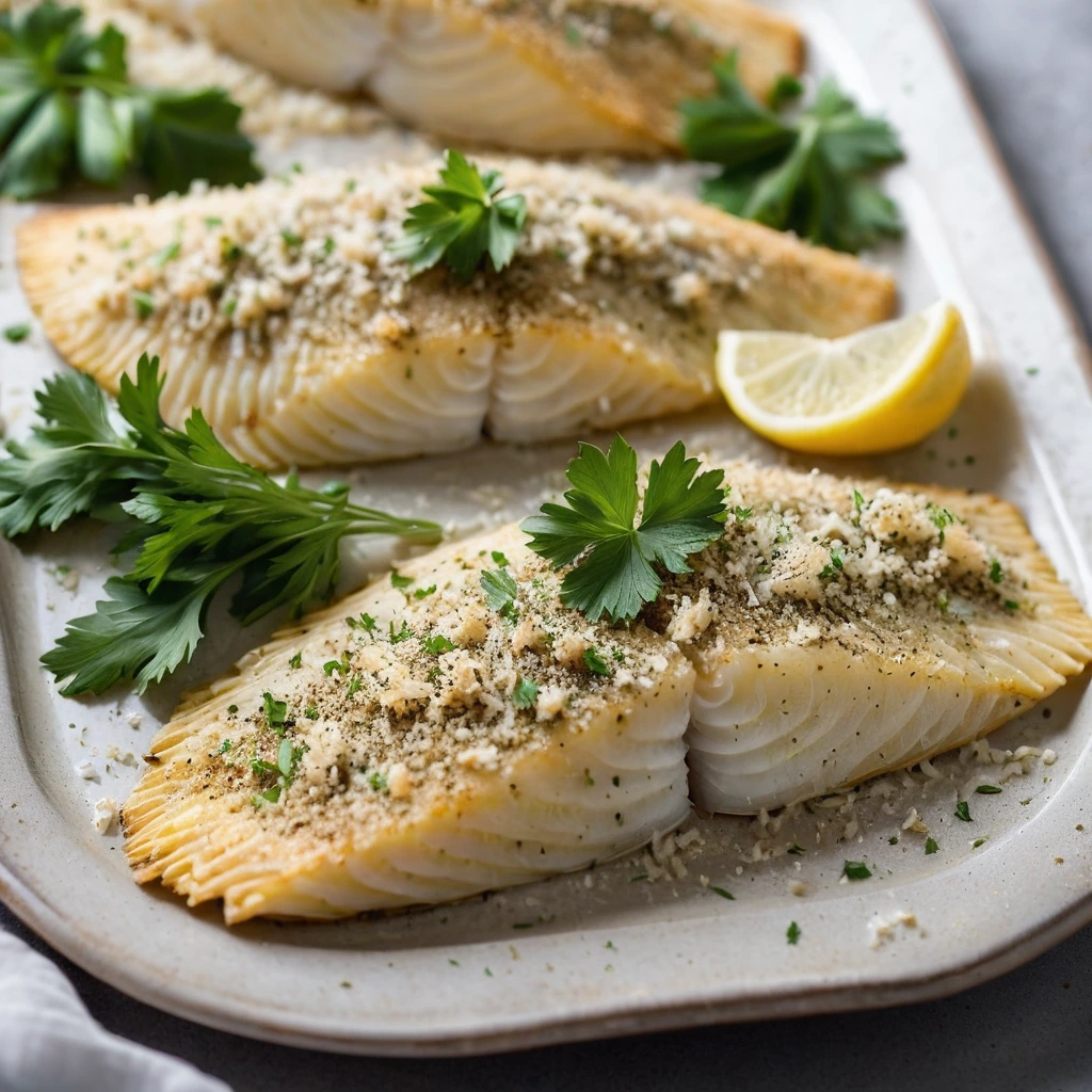 Four tilapia fillets on a baking sheet, golden brown and topped with a sprinkle of Parmesan cheese and fresh parsley.