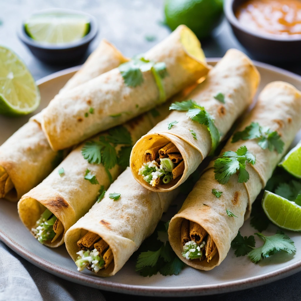 Baked taquitos on a plate, golden brown with green cilantro garnish
