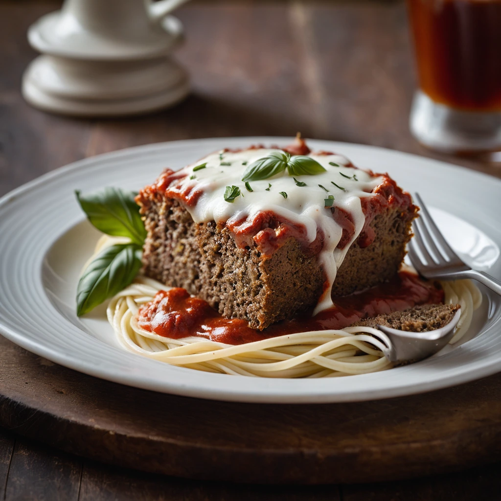 Slice of meatloaf smothered in red sauce with melted mozzarella on top, served on a rustic plate.