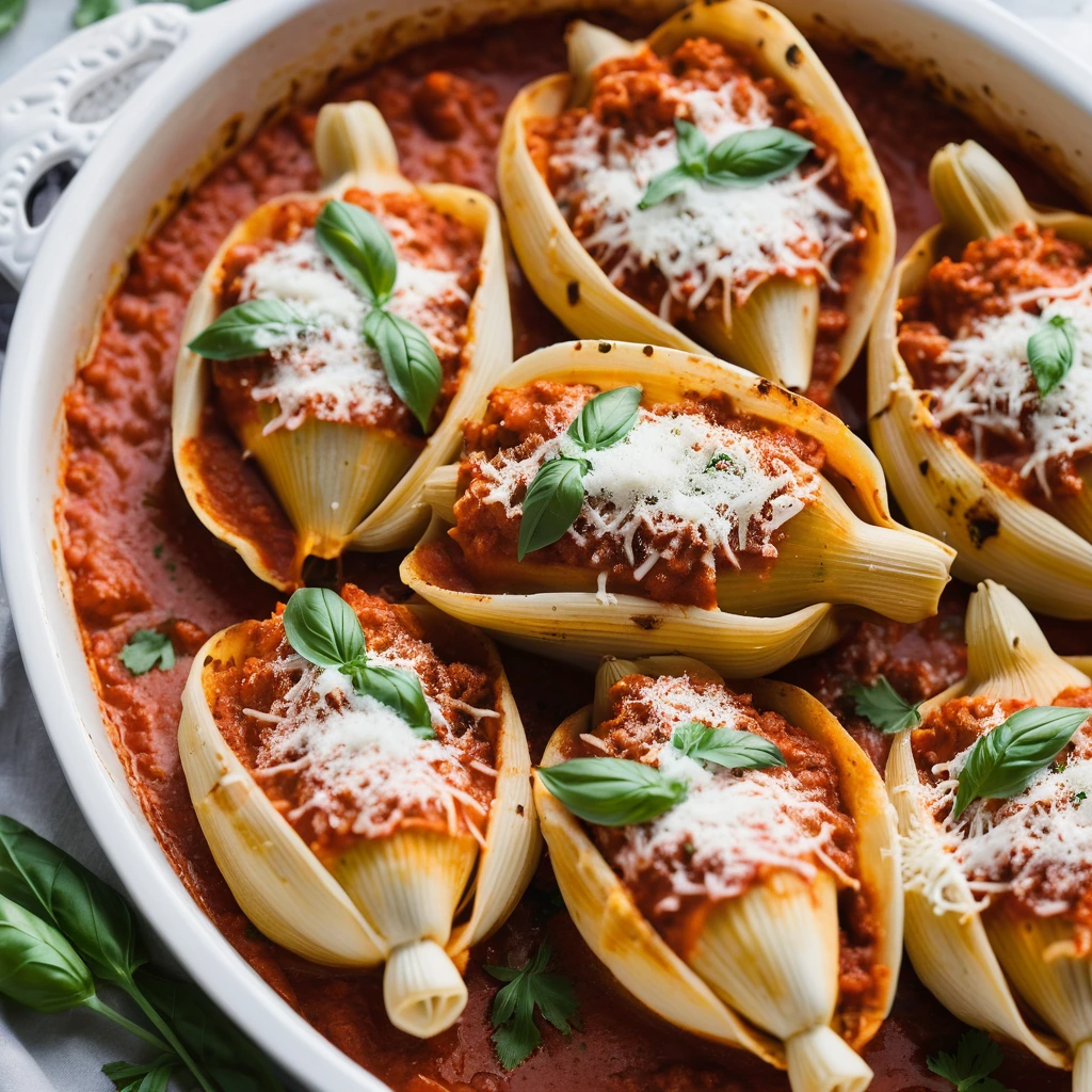 Large pasta shells stuffed with mozzarella, covered in marinara sauce, and baked to a bubbly, golden finish in a casserole dish.