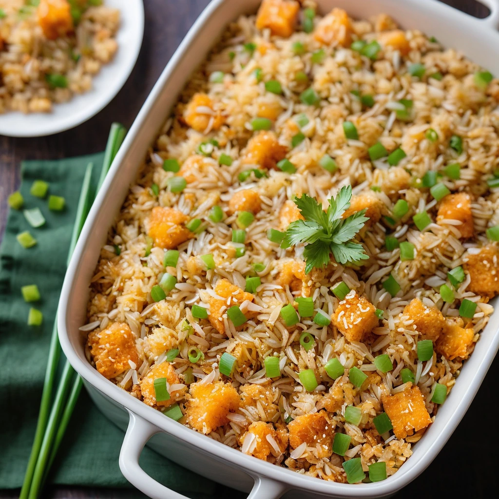 A casserole dish filled with golden fried rice, orange chicken chunks, and melted cheese on top, sprinkled with green onions.