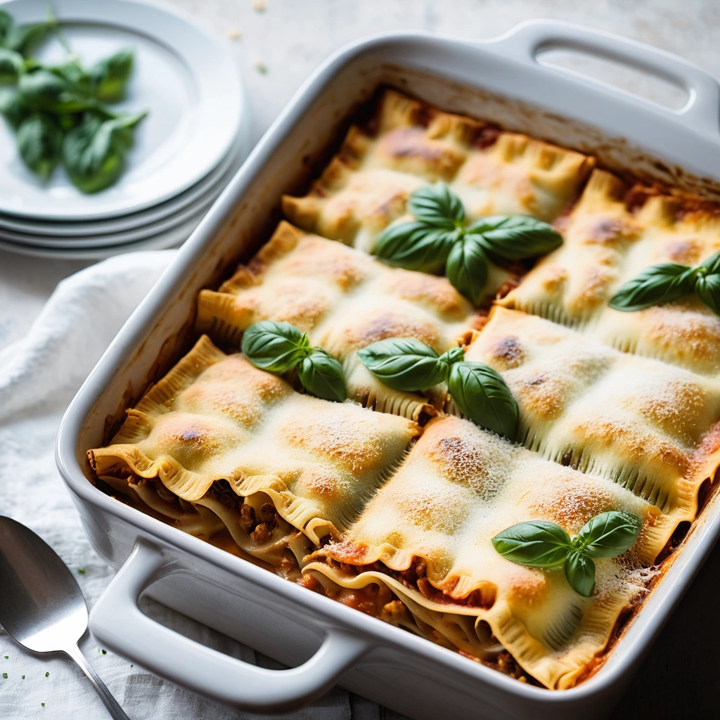 Baked ravioli layered with pasta sheets and melted cheese in a casserole dish, golden brown on top.