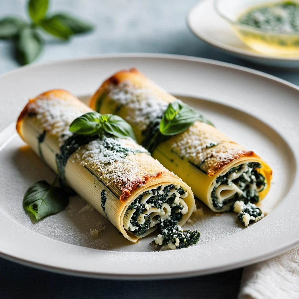 Golden bubbly cannelloni rolls in a red sauce, sprinkled with parmesan and fresh basil.