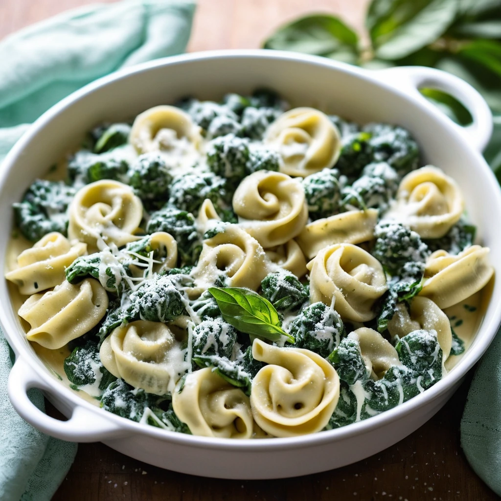 Golden bubbly casserole with tortellini, spinach, and melted mozzarella in a creamy alfredo sauce.