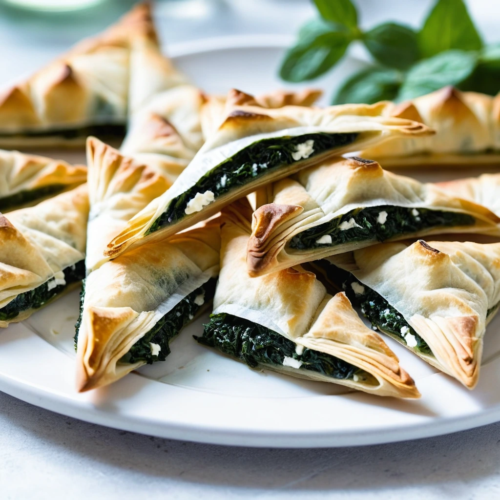 Golden triangles of phyllo pastry filled with green spinach and white feta, arranged on a serving platter.