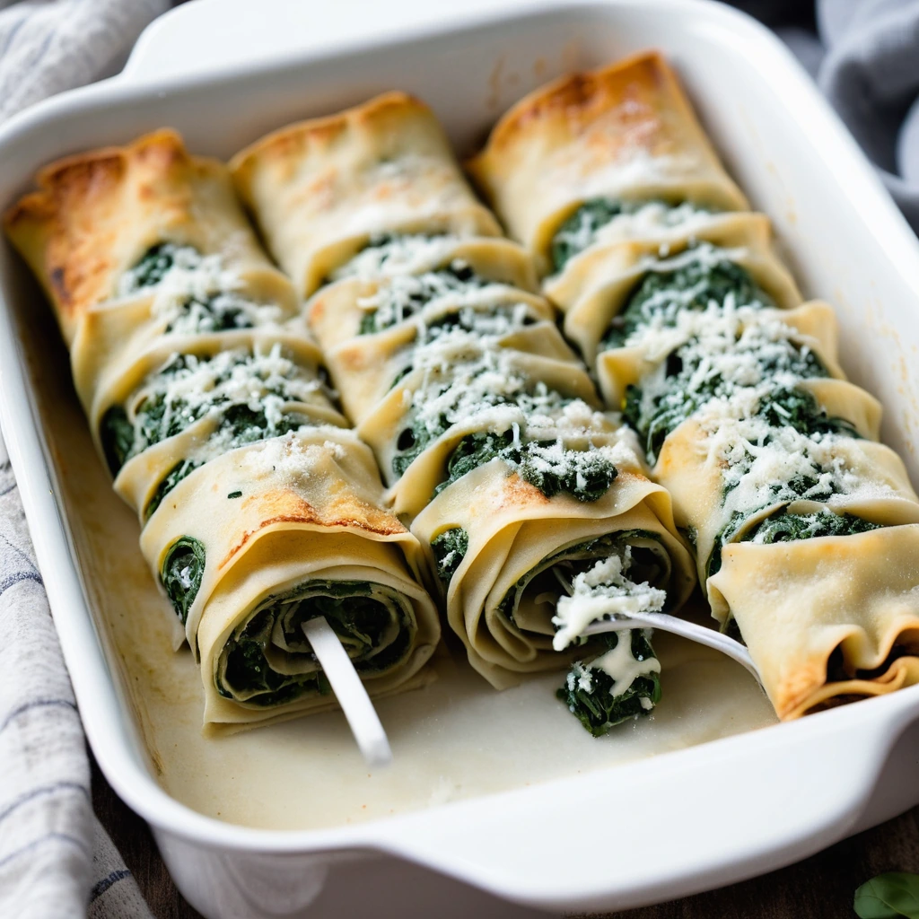 Golden lasagna roll-ups in a baking dish topped with melted mozzarella and a sprinkle of fresh basil.