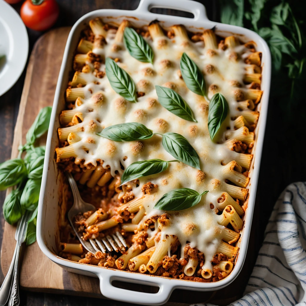 Golden bubbly casserole with ziti pasta, ground beef, and melted mozzarella cheese in a rectangular baking dish.