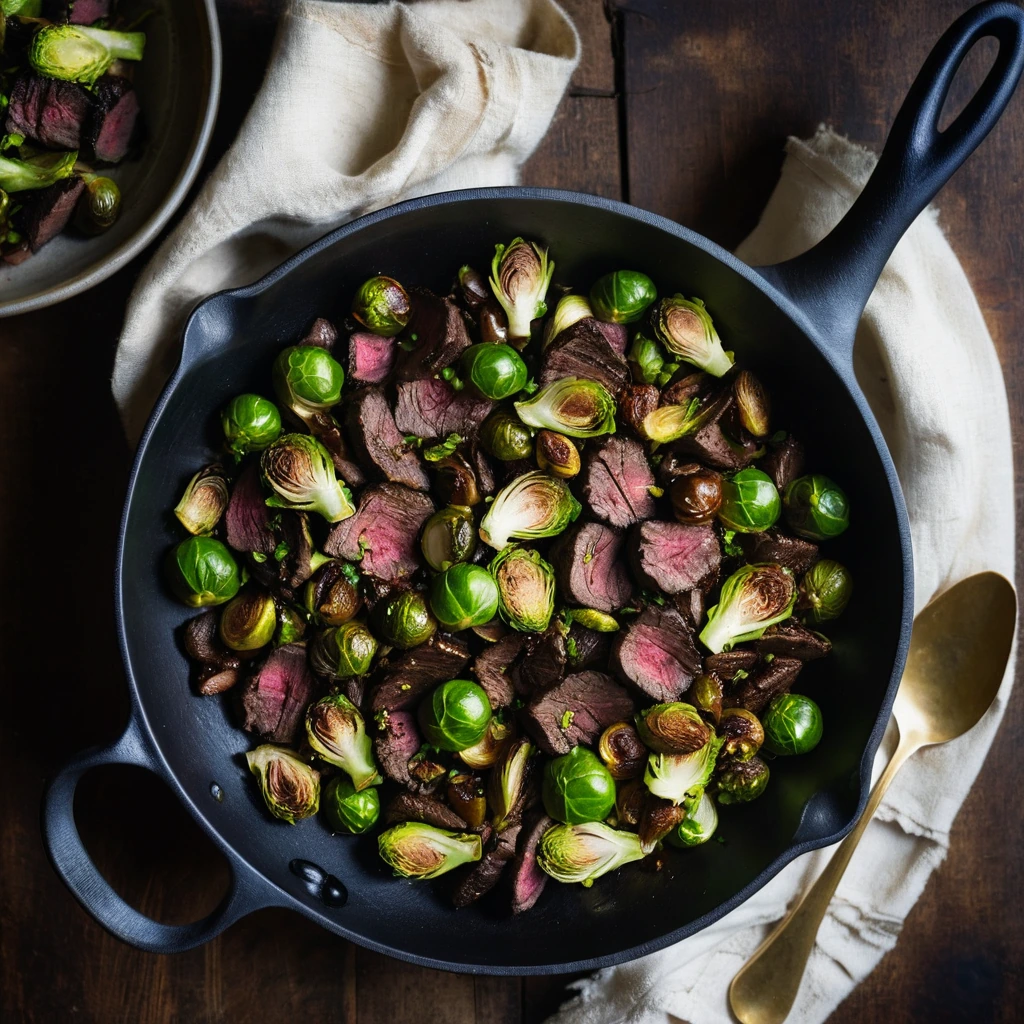 A rustic skillet with golden brown Brussels sprouts and succulent beef slices in a glossy balsamic reduction.